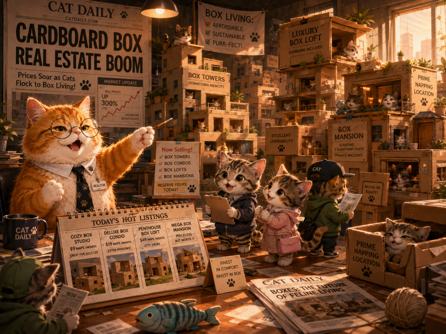 CatDaily cardboard box real estate boom with cats inspecting box condos and luxury cardboard lofts.
