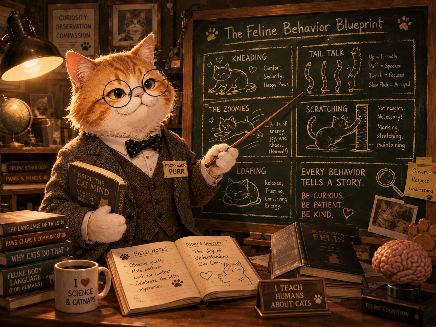 Professor Purr teaching cat behavior with a chalkboard of feline behavior diagrams.