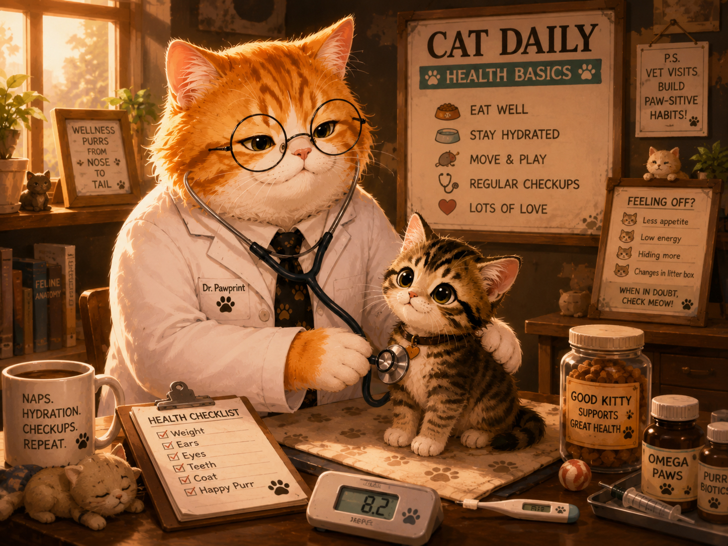 Dr. Pawprint in a cozy cat clinic with health basics signs and a kitten patient.