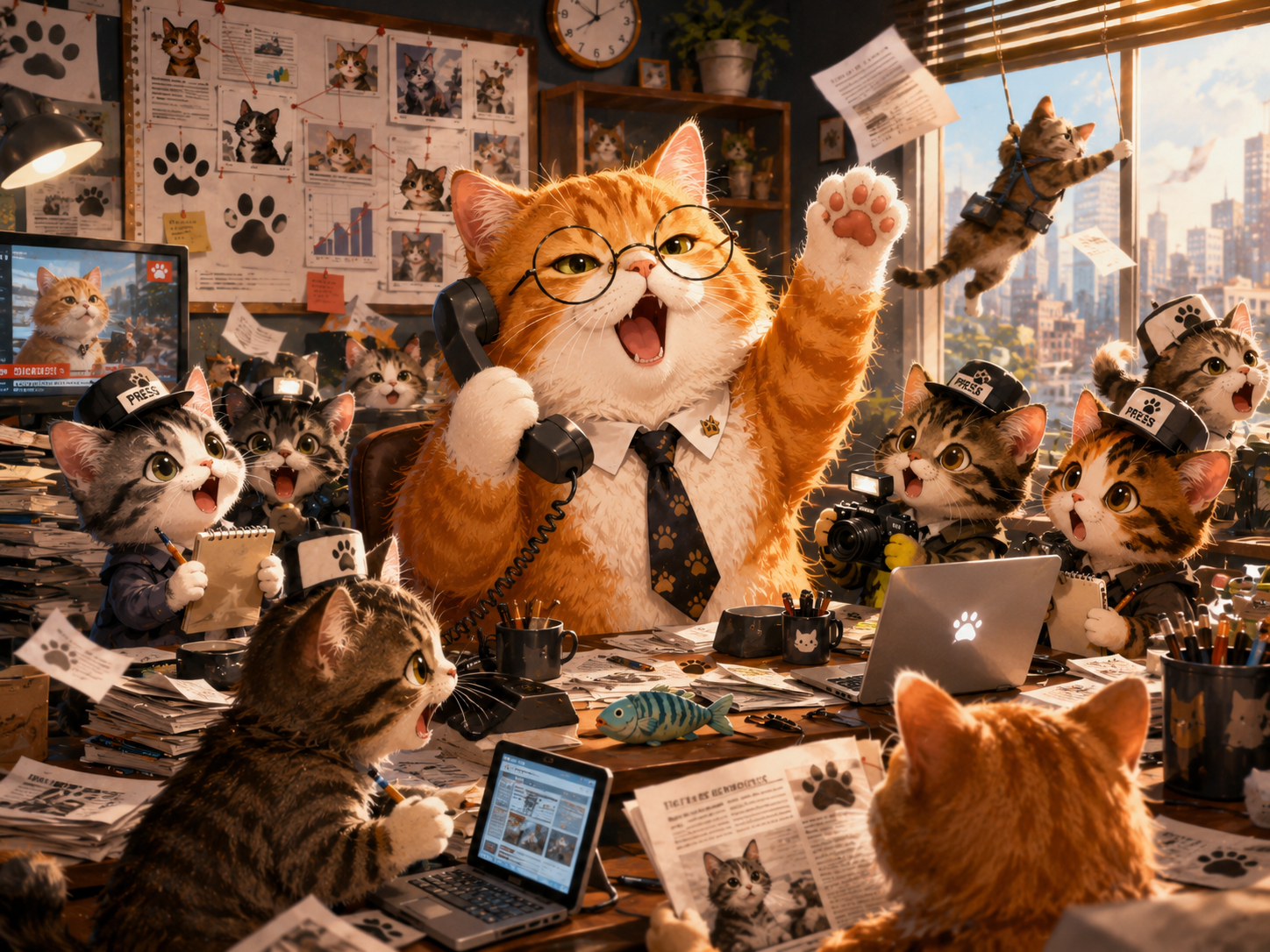 CatDaily newsroom in full breaking mews mode with Editor Whiskers and kitten reporters.