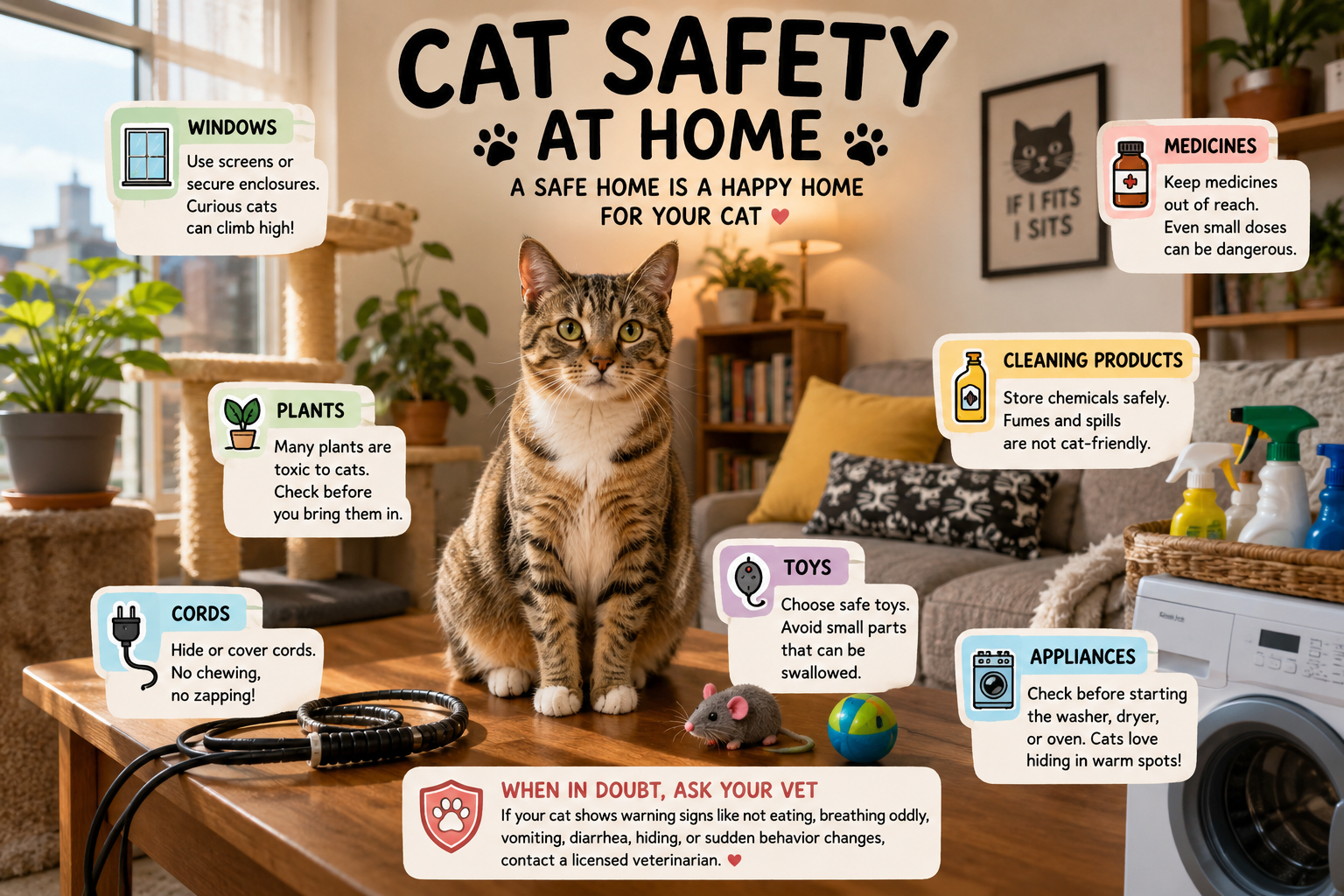 A safe indoor cat home with secured windows, safe toys, organized cords, and cat-friendly spaces.