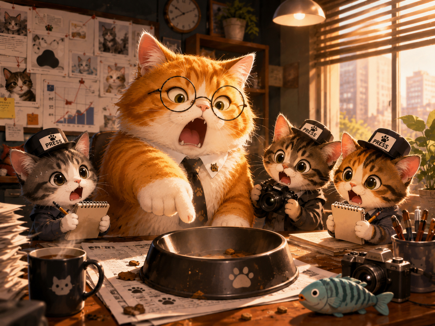 Editor Whiskers and kitten reporters investigating a dramatic empty food bowl emergency.