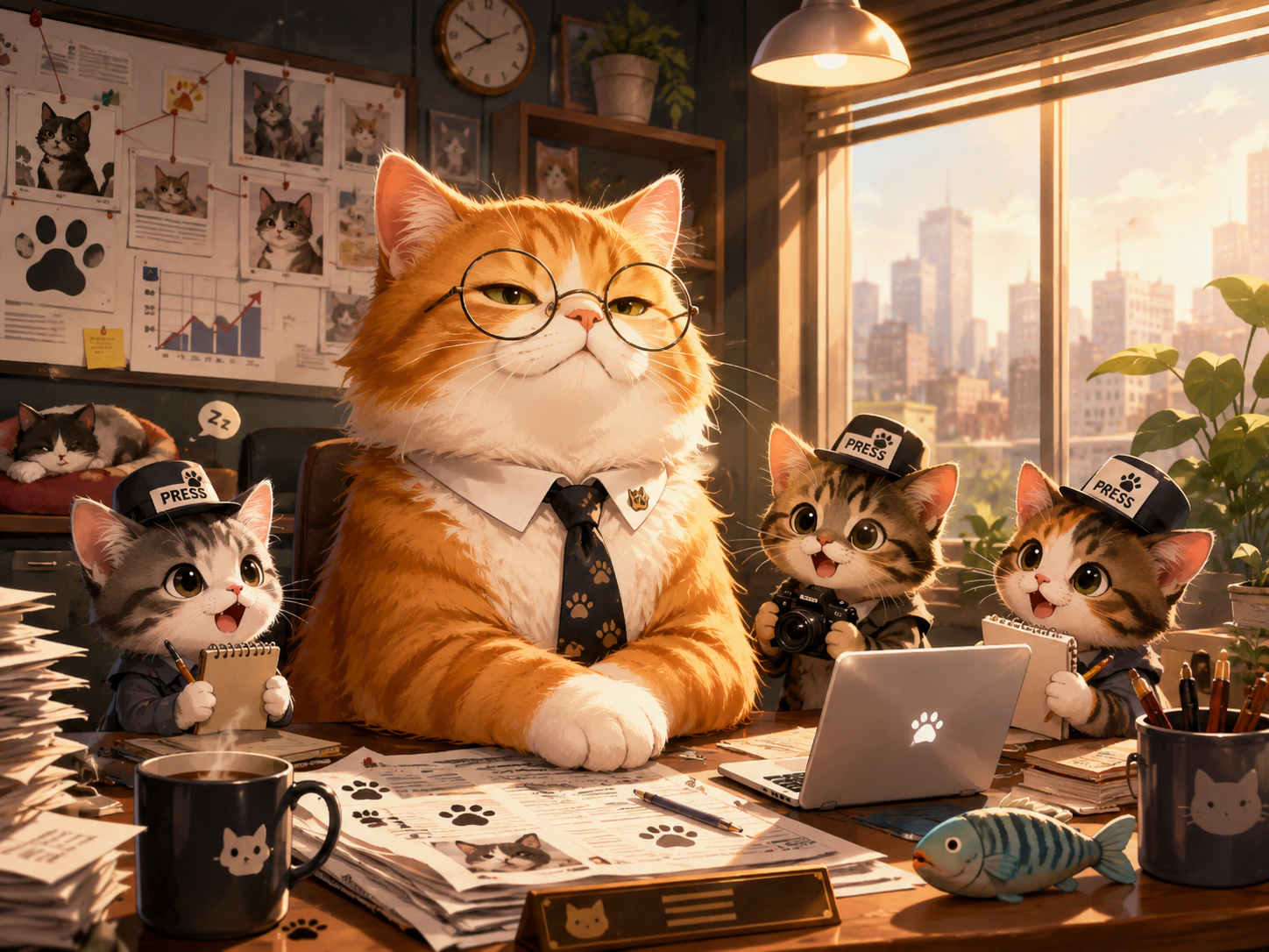 Editor Whiskers leading a cozy CatDaily newsroom with kitten reporters, papers, laptops, and breaking mews energy.