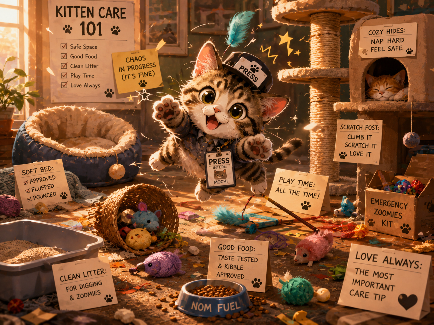 Mochi the kitten in a kitten-care playroom with a safe litter box, food, toys, and cozy spaces.