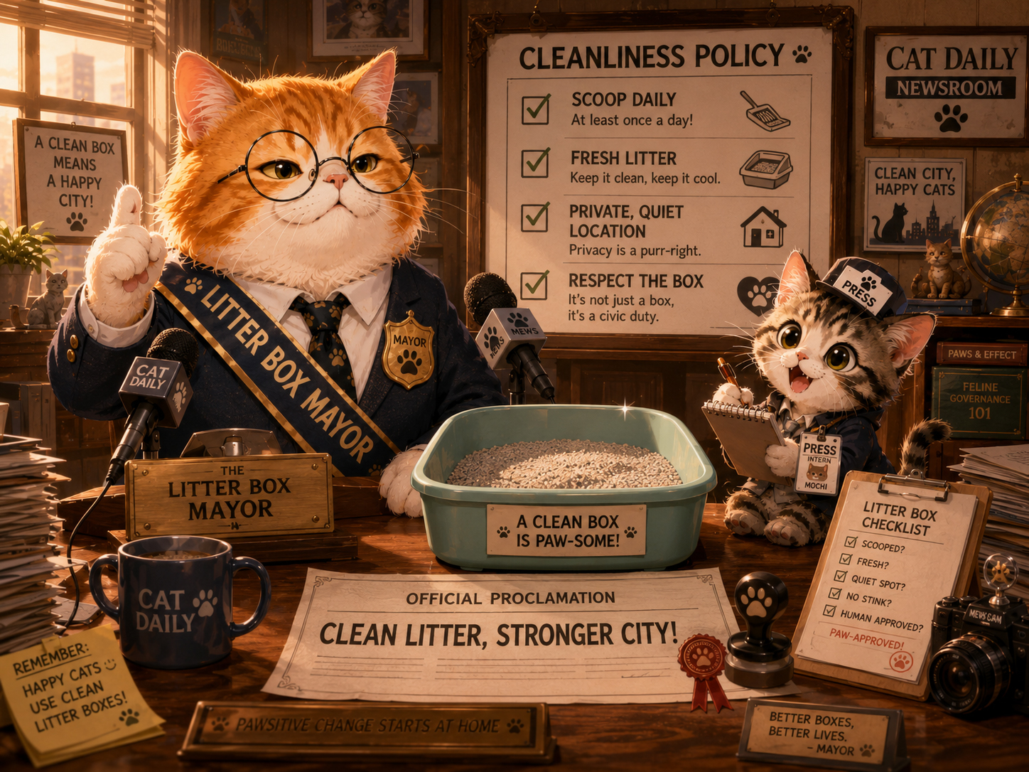 The Litter Box Mayor announcing a cleanliness policy with a pristine litter box and kitten reporter.