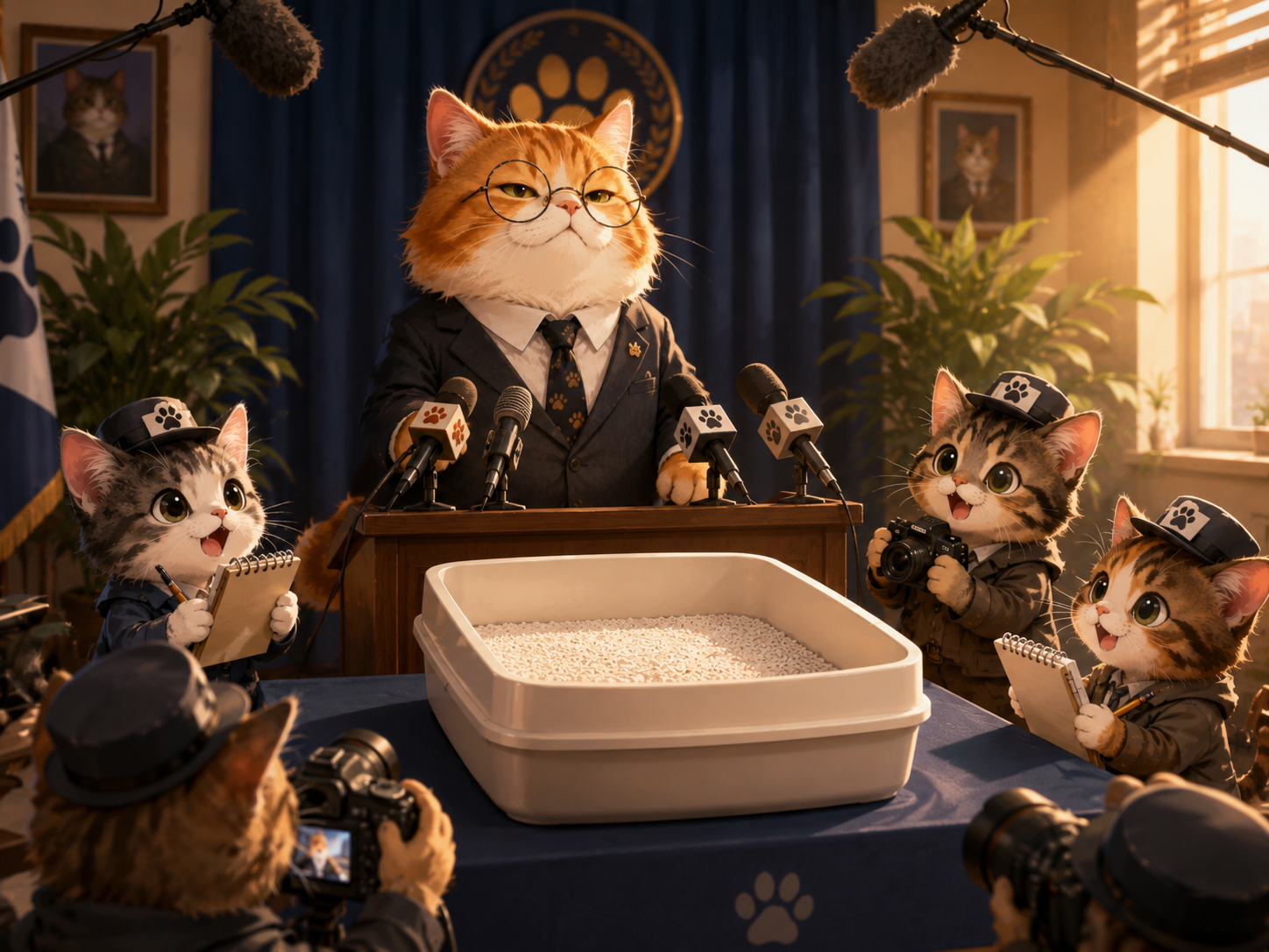 A CatDaily litter box press conference with kitten reporters and microphones.