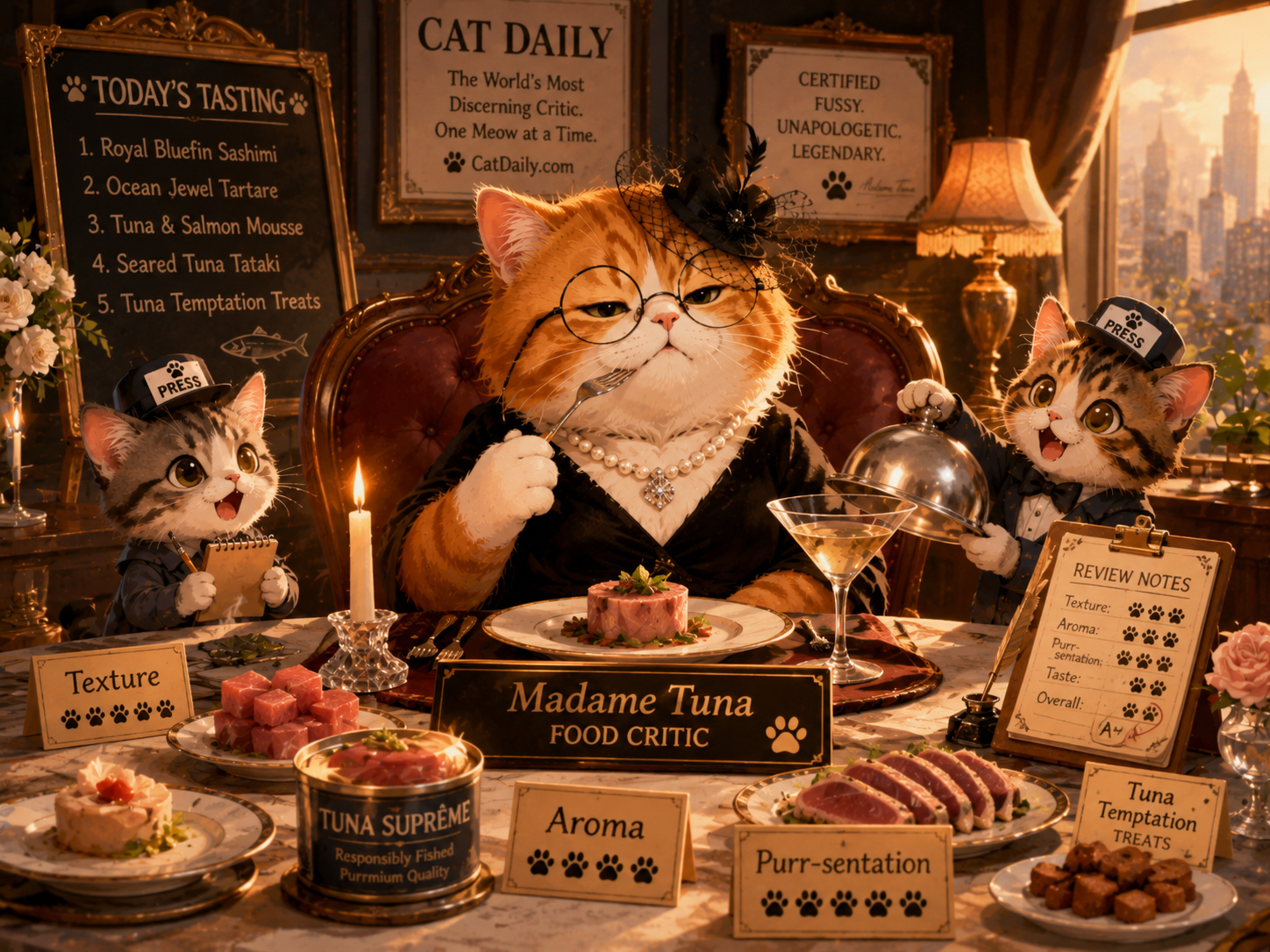 Madame Tuna reviewing cat food in a glamorous CatDaily tasting scene.