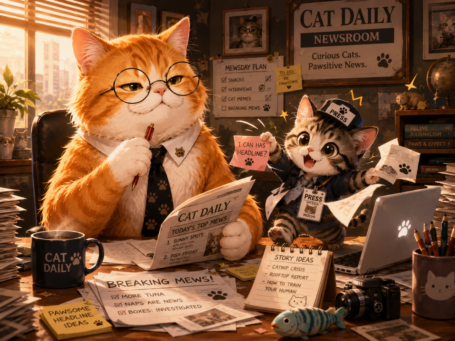 Editor Whiskers and Mochi the Intern in the CatDaily newsroom surrounded by papers and cheerful chaos.