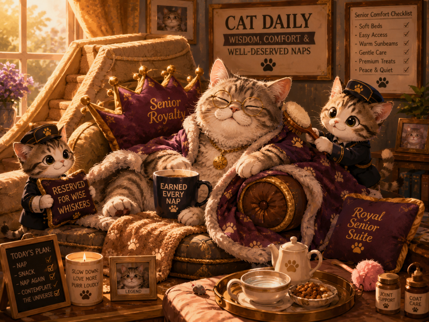 A senior cat resting in royal comfort with warm bedding and gentle care.